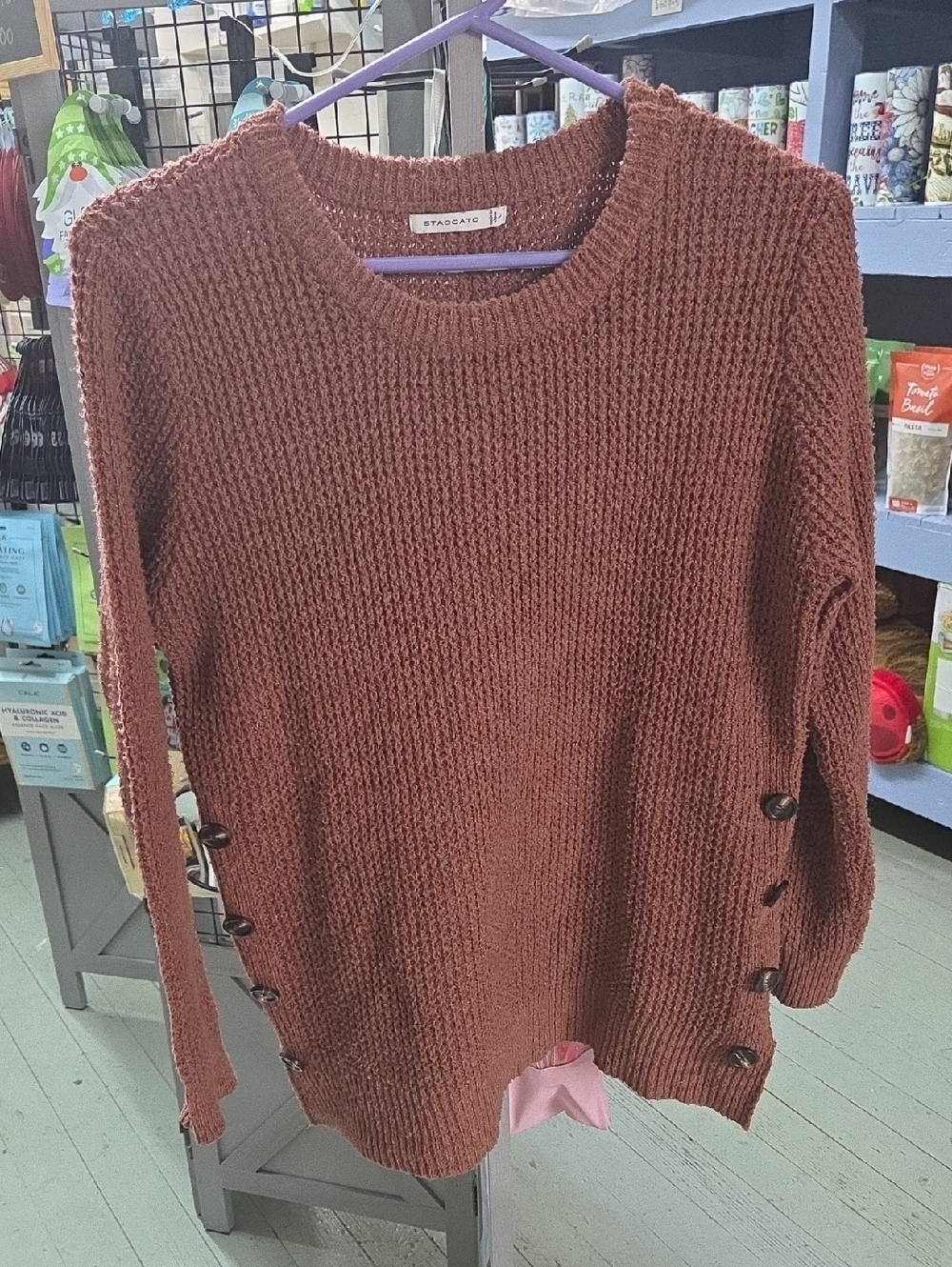 Staccato Rust Brown Crewneck Sweater with Side Buttons